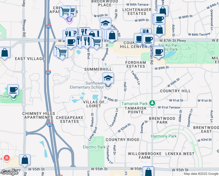 map of restaurants, bars, coffee shops, grocery stores, and more near 8955 Loiret Boulevard in Lenexa