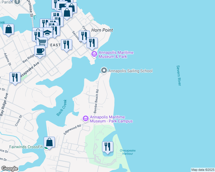 map of restaurants, bars, coffee shops, grocery stores, and more near 7025 Bay Front Drive in Annapolis
