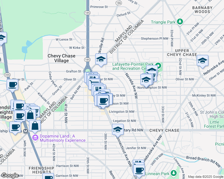 map of restaurants, bars, coffee shops, grocery stores, and more near 3730 Northampton Street Northwest in Washington