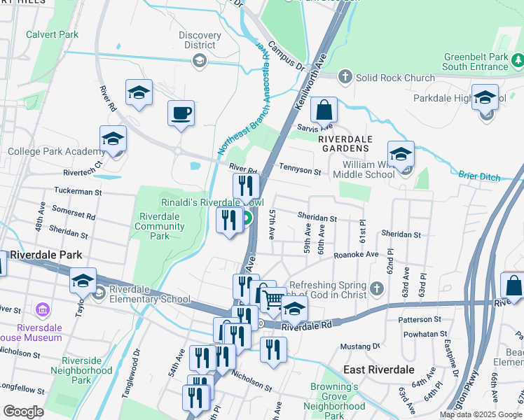 map of restaurants, bars, coffee shops, grocery stores, and more near 6401 Kenilworth Avenue in East Riverdale