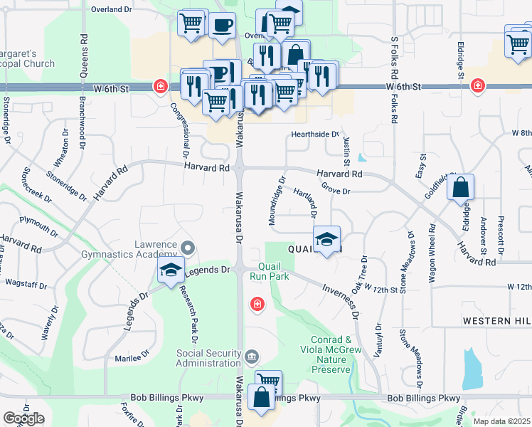 map of restaurants, bars, coffee shops, grocery stores, and more near 1037 Moundridge Dr in Lawrence