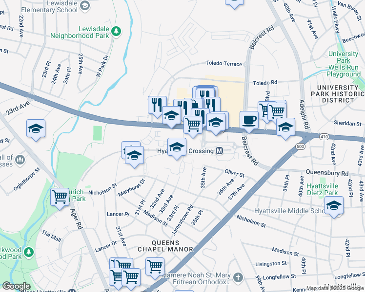 map of restaurants, bars, coffee shops, grocery stores, and more near 6206 Editors Park Drive in Hyattsville