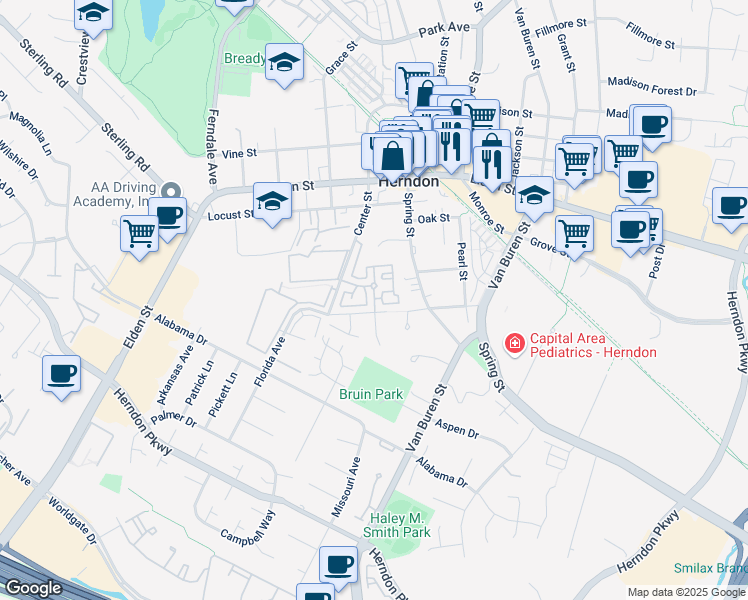 map of restaurants, bars, coffee shops, grocery stores, and more near 736 Lions Pride Drive in Herndon