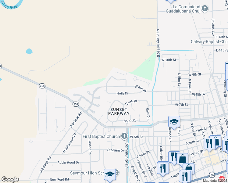 map of restaurants, bars, coffee shops, grocery stores, and more near 1044 Holly Drive in Seymour