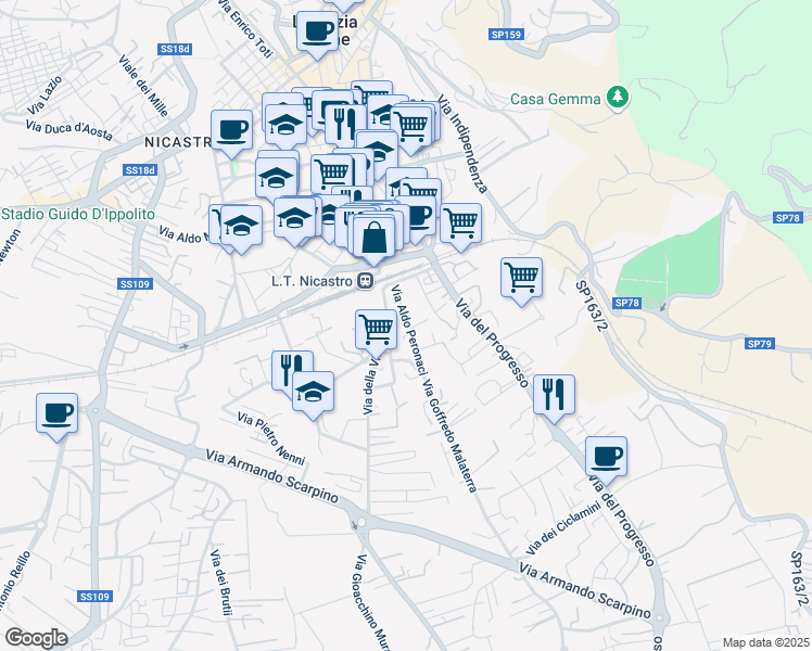 map of restaurants, bars, coffee shops, grocery stores, and more near 12 Via Aldo Peronaci in Lamezia Terme