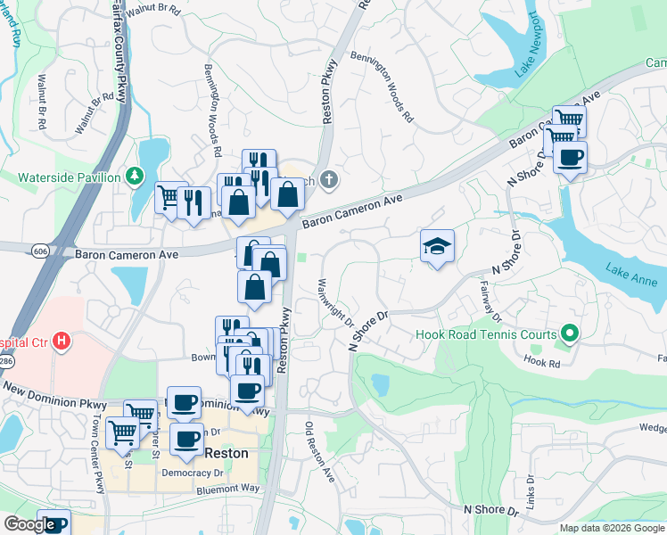 map of restaurants, bars, coffee shops, grocery stores, and more near 1759 Wainwright Drive in Reston