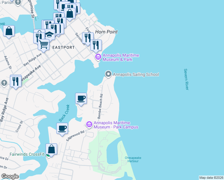 map of restaurants, bars, coffee shops, grocery stores, and more near 7025 Bay Front Drive in Annapolis