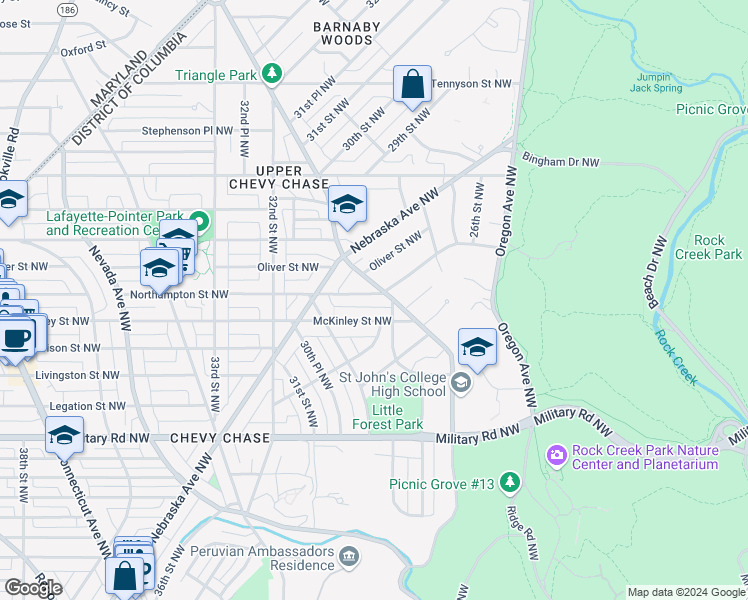 map of restaurants, bars, coffee shops, grocery stores, and more near 2920 Northampton Street Northwest in Washington