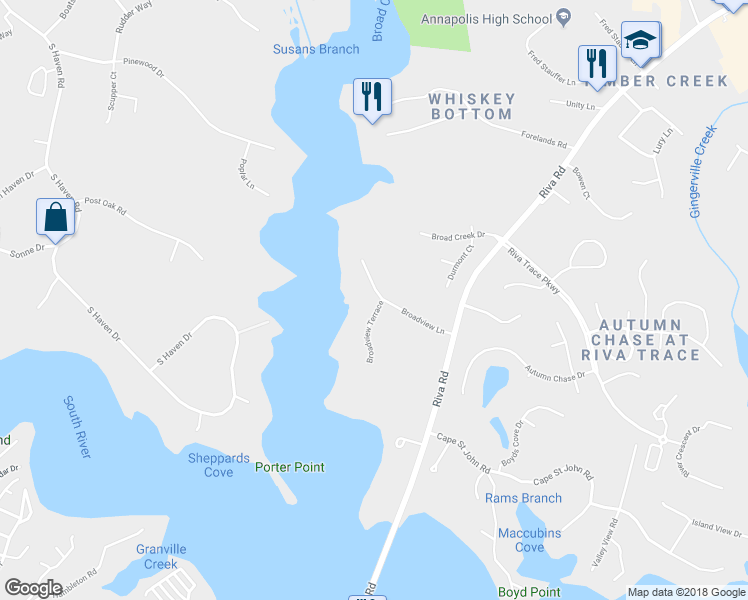 map of restaurants, bars, coffee shops, grocery stores, and more near 2804 Broadview Terrace in Annapolis