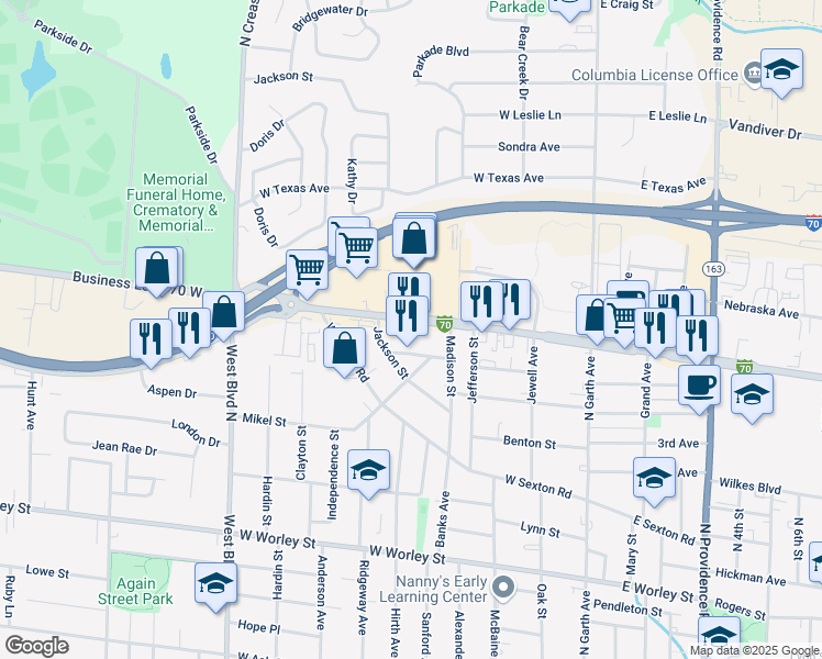 map of restaurants, bars, coffee shops, grocery stores, and more near 600 Business Loop 70 West in Columbia
