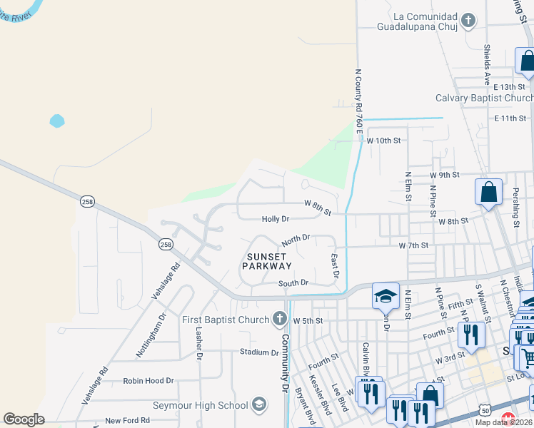 map of restaurants, bars, coffee shops, grocery stores, and more near 1044 Holly Drive in Seymour