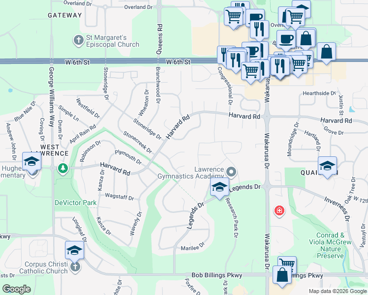 map of restaurants, bars, coffee shops, grocery stores, and more near 5212 Stone Creek Ct in Lawrence