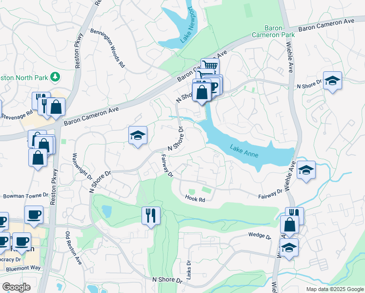 map of restaurants, bars, coffee shops, grocery stores, and more near 11504 Sunder Court in Reston