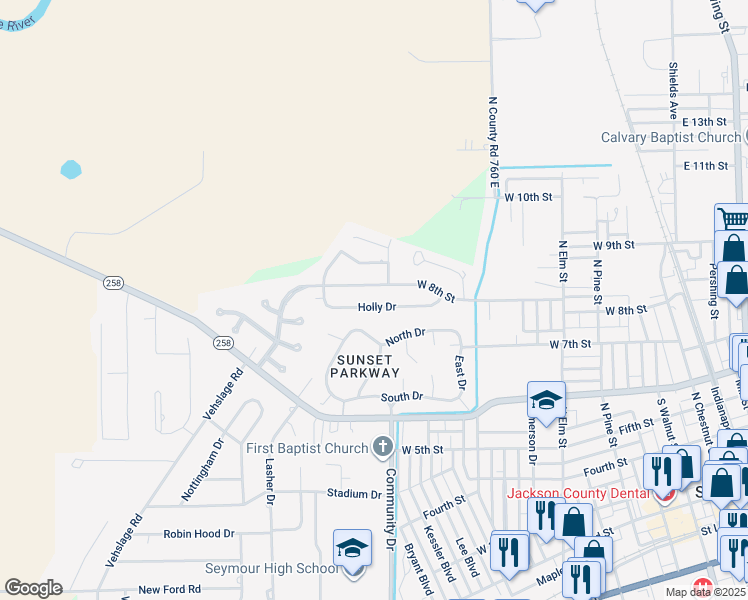 map of restaurants, bars, coffee shops, grocery stores, and more near 1010 Holly Drive in Seymour
