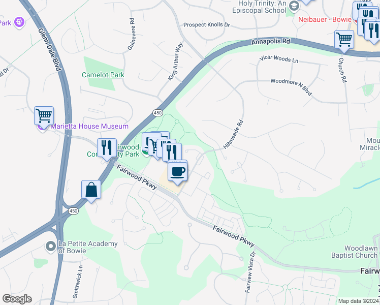 map of restaurants, bars, coffee shops, grocery stores, and more near 12603 Princes Choice Drive in Bowie