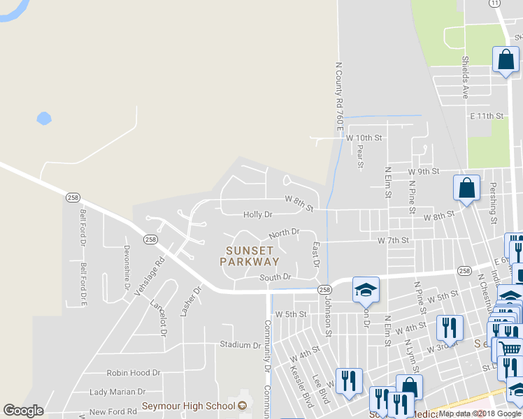 map of restaurants, bars, coffee shops, grocery stores, and more near 1010 Holly Drive in Seymour