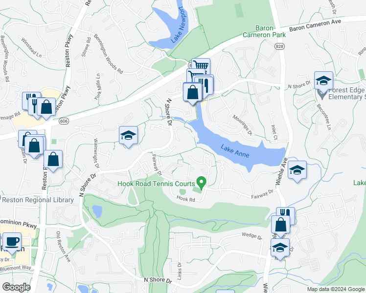 map of restaurants, bars, coffee shops, grocery stores, and more near 11493 Waterview Cluster in Reston