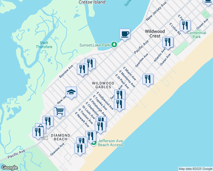map of restaurants, bars, coffee shops, grocery stores, and more near 205 East Syracuse Avenue in Wildwood Crest