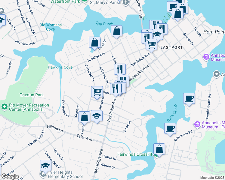 map of restaurants, bars, coffee shops, grocery stores, and more near 934 Bay Ridge Avenue in Annapolis
