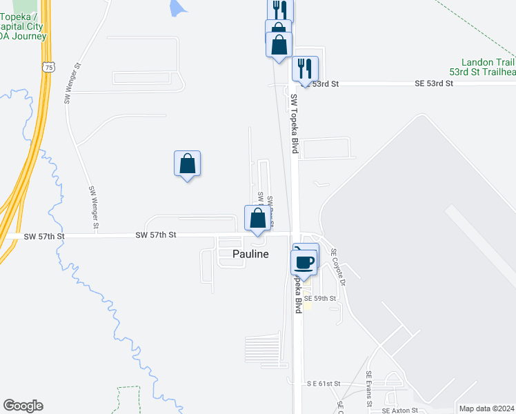 map of restaurants, bars, coffee shops, grocery stores, and more near 69 Southwest Mary Street in Topeka