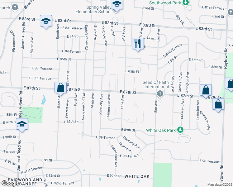 map of restaurants, bars, coffee shops, grocery stores, and more near 8911 East 87th Street in Raytown