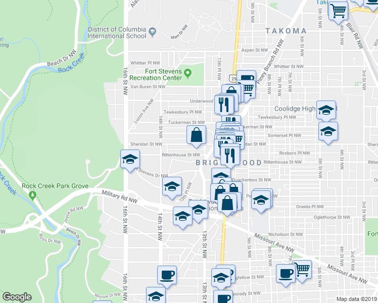 map of restaurants, bars, coffee shops, grocery stores, and more near 1337 Rittenhouse Street Northwest in Washington