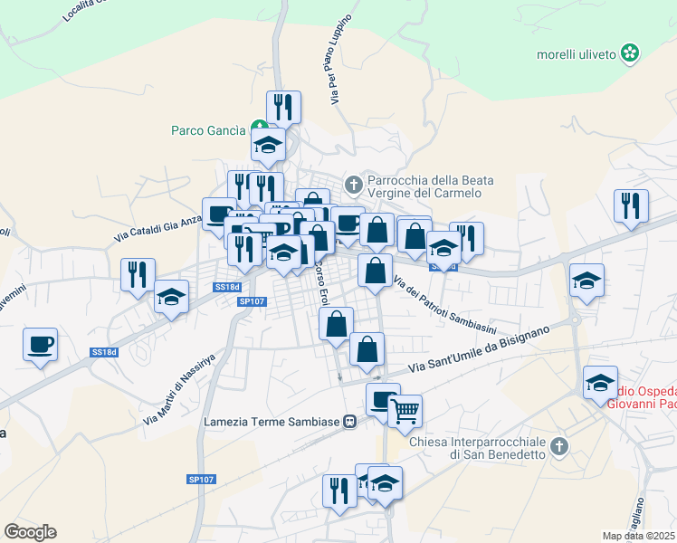 map of restaurants, bars, coffee shops, grocery stores, and more near 16 Via Duca degli Abruzzi in Lamezia Terme