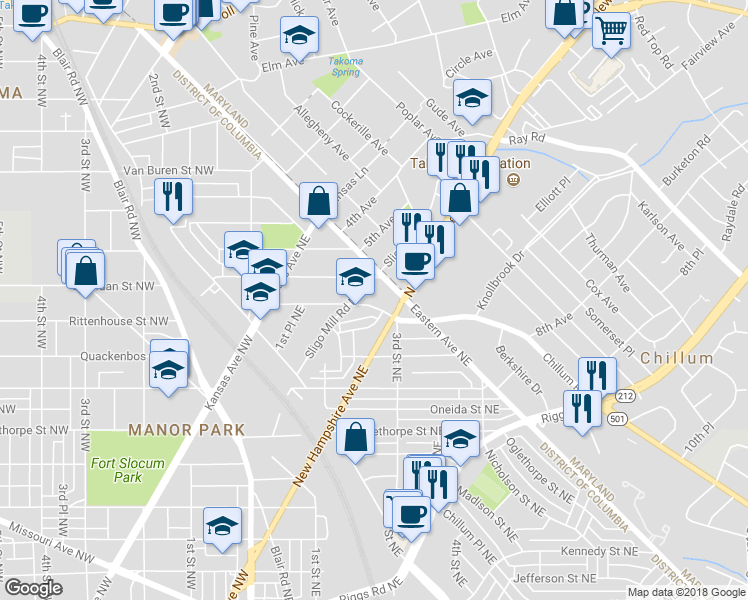 map of restaurants, bars, coffee shops, grocery stores, and more near 214 Rittenhouse Street Northeast in Washington