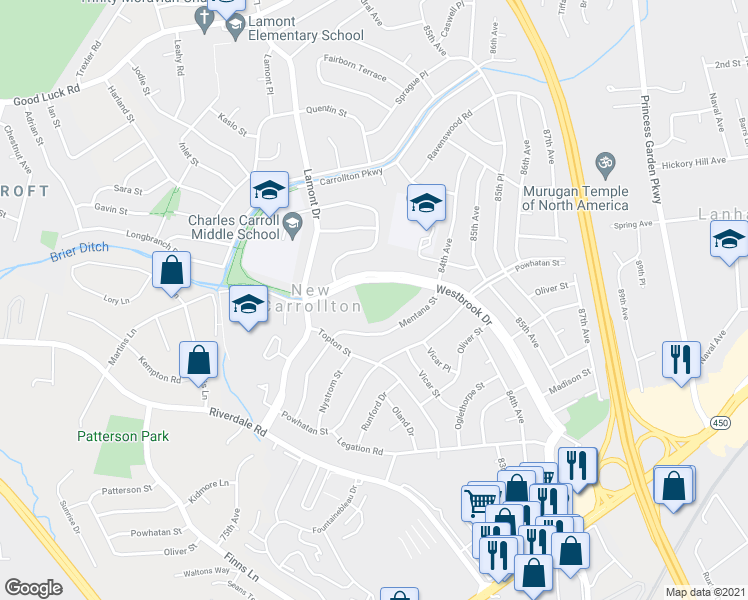 map of restaurants, bars, coffee shops, grocery stores, and more near 6240 Westbrook Drive in New Carrollton