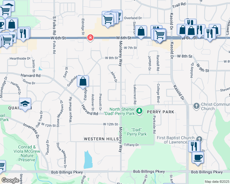 map of restaurants, bars, coffee shops, grocery stores, and more near 3905 West 10th Place in Lawrence