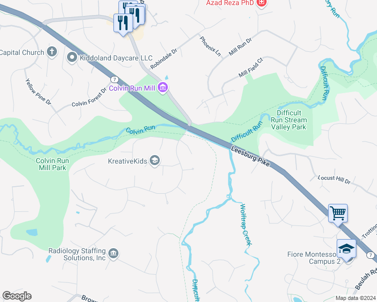 map of restaurants, bars, coffee shops, grocery stores, and more near 1219 Carpers Farm Way in Vienna
