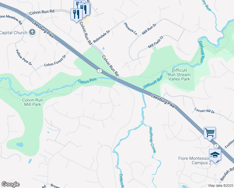 map of restaurants, bars, coffee shops, grocery stores, and more near 1219 Carpers Farm Way in Vienna