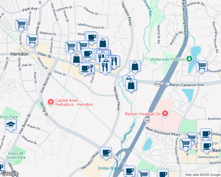 map of restaurants, bars, coffee shops, grocery stores, and more near 315 Elden Street in Herndon