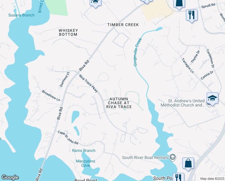 map of restaurants, bars, coffee shops, grocery stores, and more near 2824 Pennypond Lane North in Annapolis