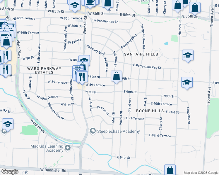 map of restaurants, bars, coffee shops, grocery stores, and more near 9 West 89 Terrace in Kansas City