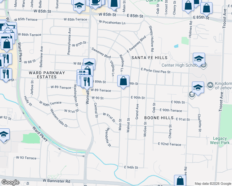 map of restaurants, bars, coffee shops, grocery stores, and more near 9 West 89 Terrace in Kansas City
