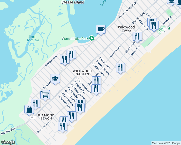 map of restaurants, bars, coffee shops, grocery stores, and more near 220 East Toledo Avenue in Wildwood Crest