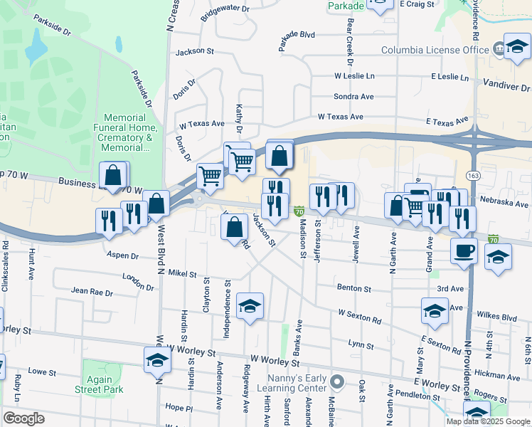 map of restaurants, bars, coffee shops, grocery stores, and more near 600 Business Loop 70 West in Columbia