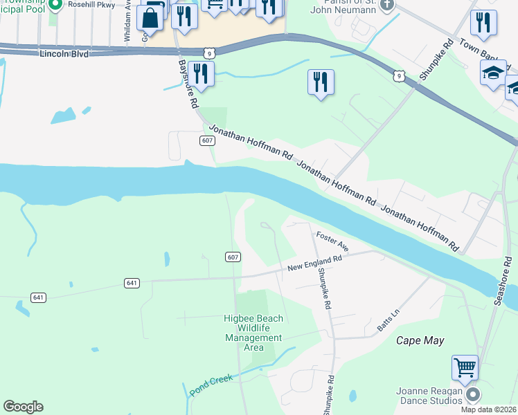 map of restaurants, bars, coffee shops, grocery stores, and more near 3941 Bayshore Road in Cape May