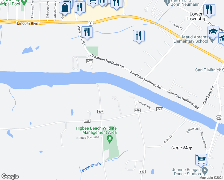map of restaurants, bars, coffee shops, grocery stores, and more near 3941 Bayshore Road in Cape May