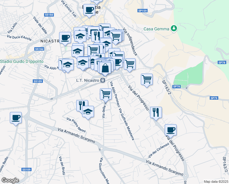 map of restaurants, bars, coffee shops, grocery stores, and more near 12 Via Aldo Peronaci in Lamezia Terme