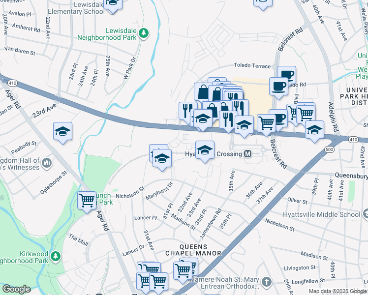 map of restaurants, bars, coffee shops, grocery stores, and more near 6107 Enquirer Street in Hyattsville
