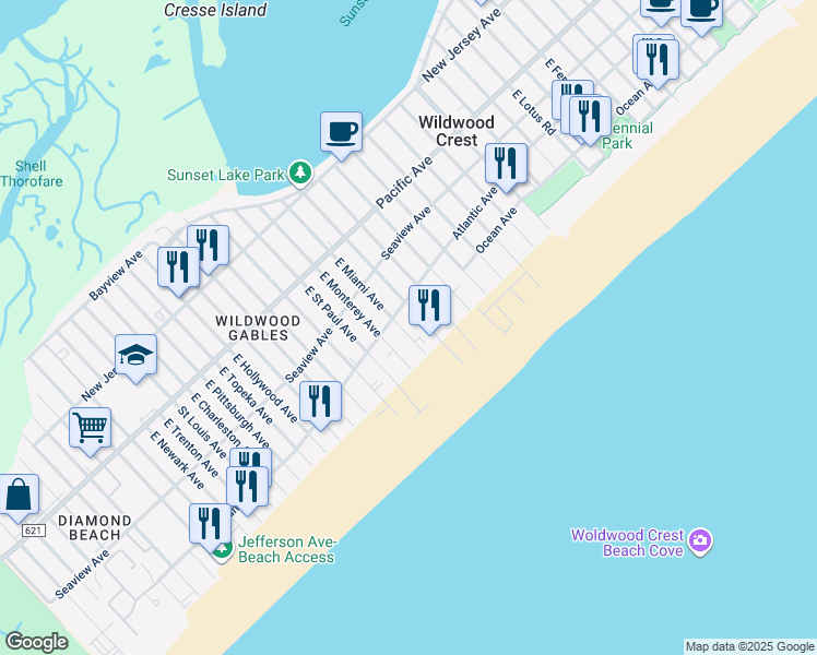 map of restaurants, bars, coffee shops, grocery stores, and more near 420 East Louisville Avenue in Wildwood