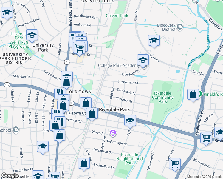 map of restaurants, bars, coffee shops, grocery stores, and more near 4713 Somerset Road in Riverdale Park