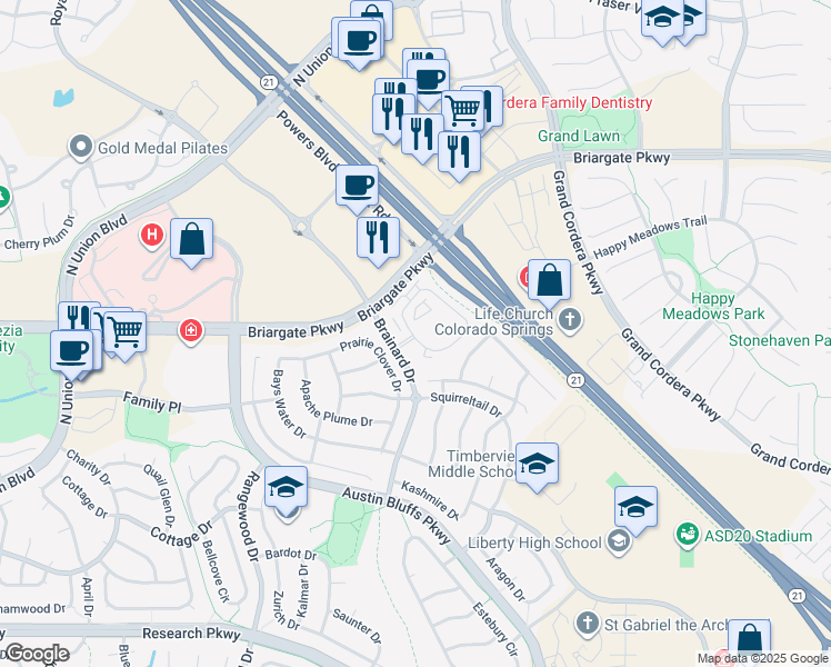 map of restaurants, bars, coffee shops, grocery stores, and more near 4986 Amarosa Heights in Colorado Springs