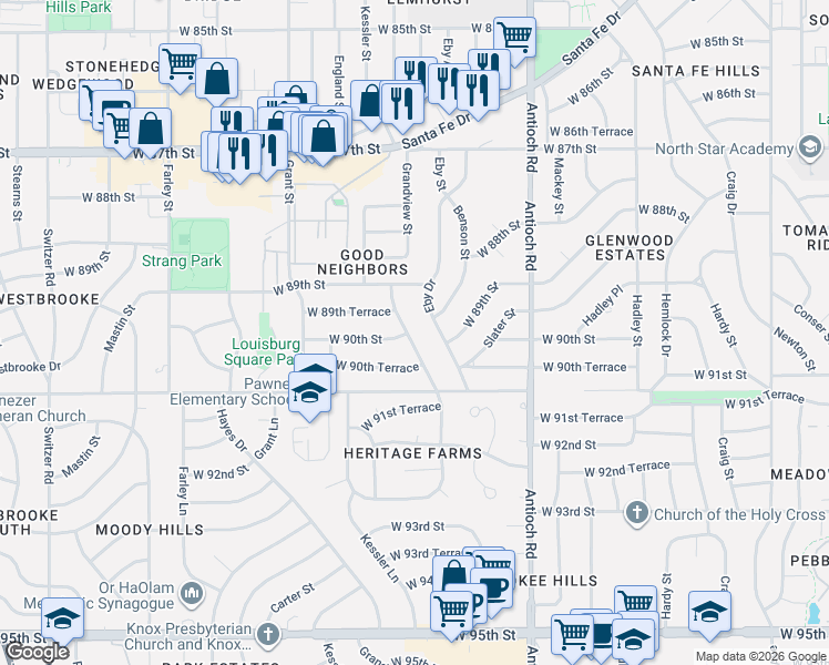 map of restaurants, bars, coffee shops, grocery stores, and more near 9005 Grandview Drive in Overland Park