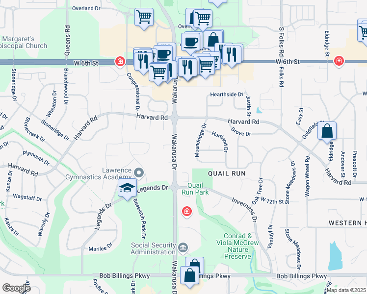 map of restaurants, bars, coffee shops, grocery stores, and more near 1037 Moundridge Drive in Lawrence