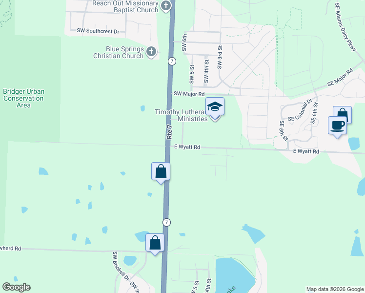 map of restaurants, bars, coffee shops, grocery stores, and more near 26416 East Wyatt Road in Blue Springs