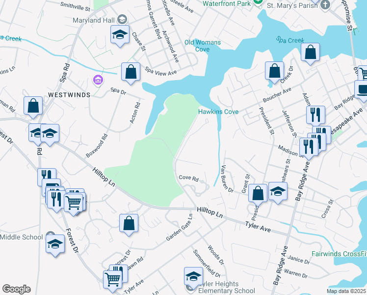 map of restaurants, bars, coffee shops, grocery stores, and more near 1021 Primrose Road in Annapolis