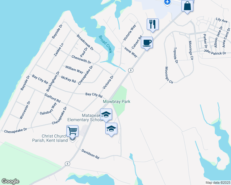 map of restaurants, bars, coffee shops, grocery stores, and more near 671 Romancoke Road in Stevensville